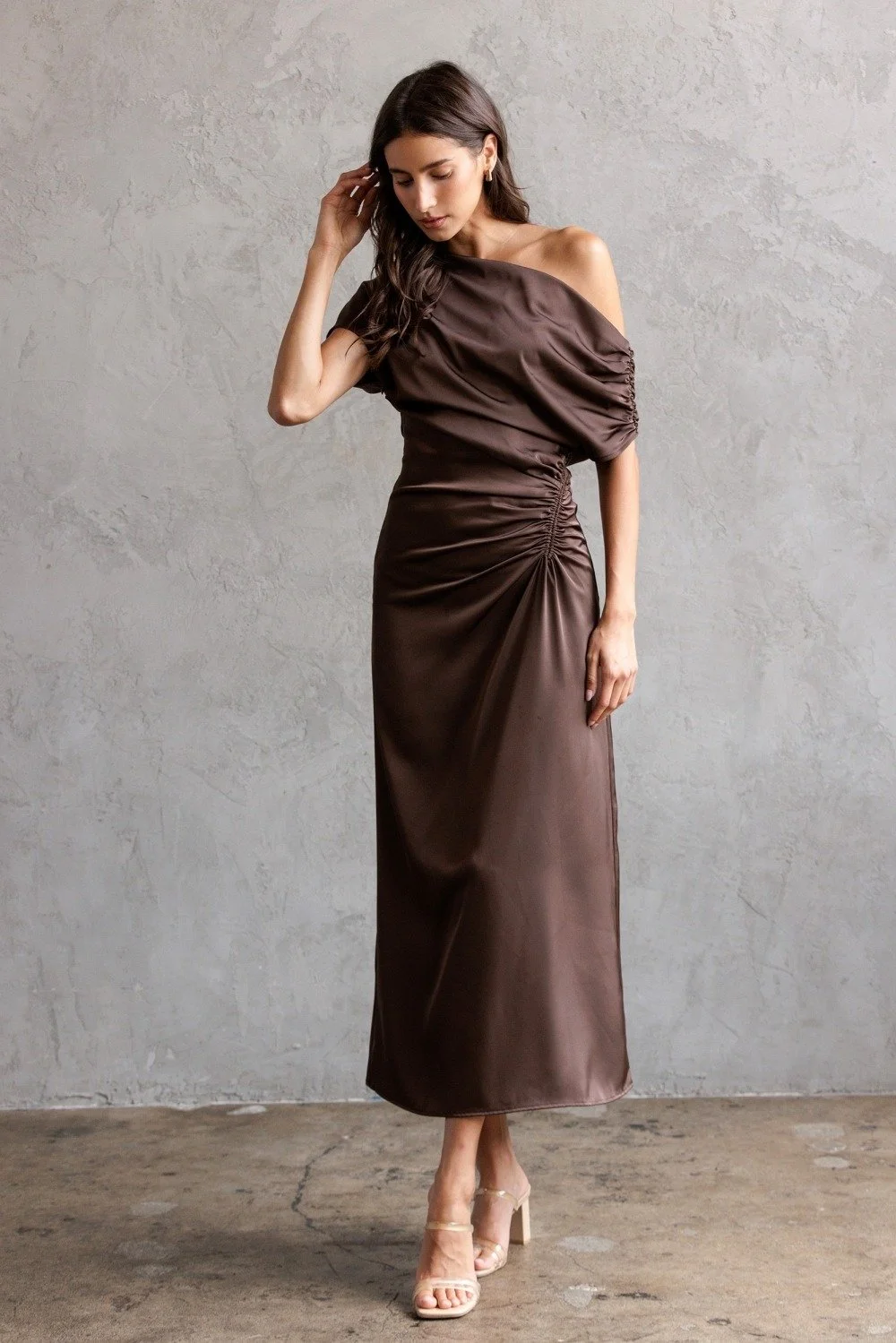 One Shoulder Ruched Satin Midi Dress Chocolate