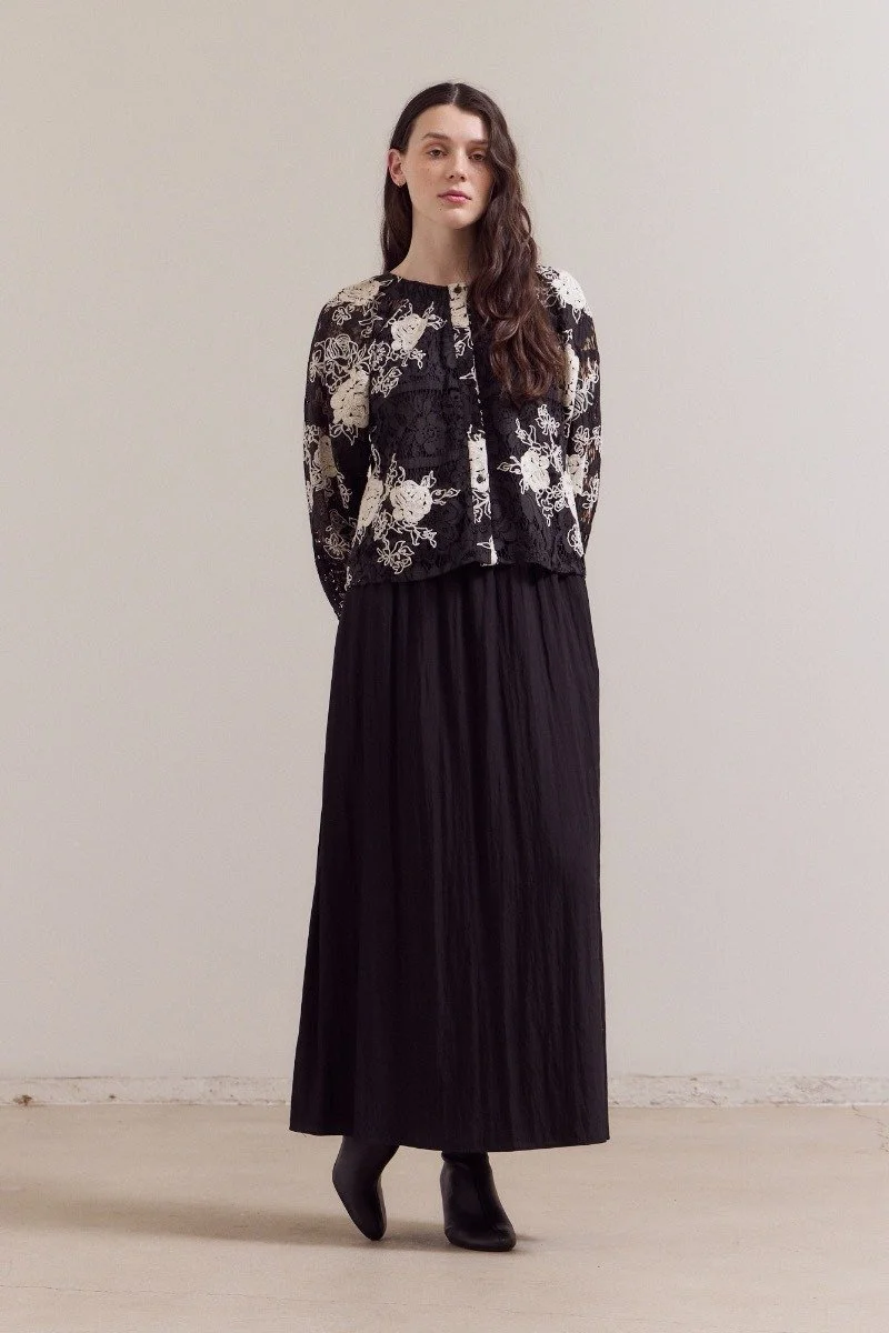 Button Front Lace Embroidered Blouse Black Floral