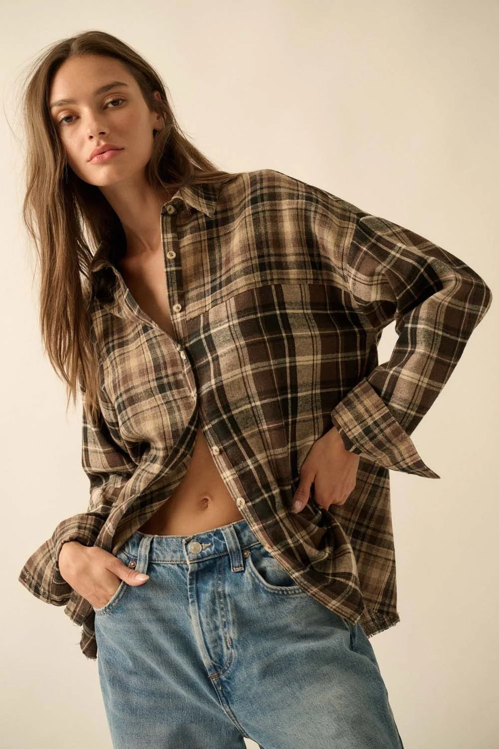 Colorblock Oversized Flannel Button Up Brown Plaid