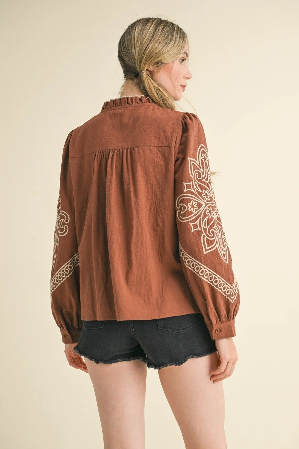 Western Embroidered Puff Sleeve Button Blouse Rust