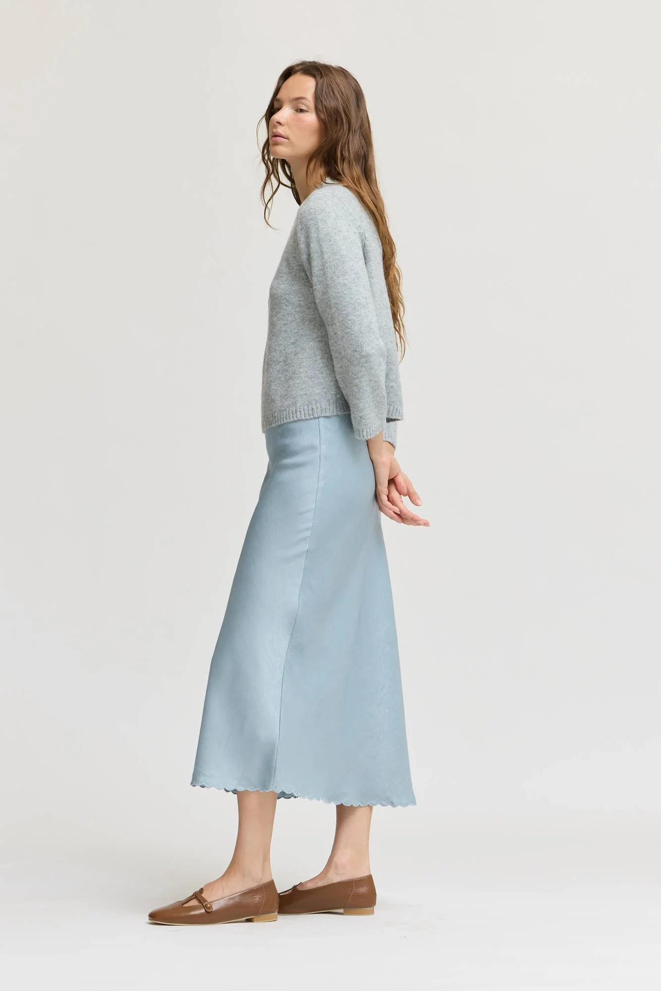 Scallop Hem Bias Slip Skirt Dusty Blue