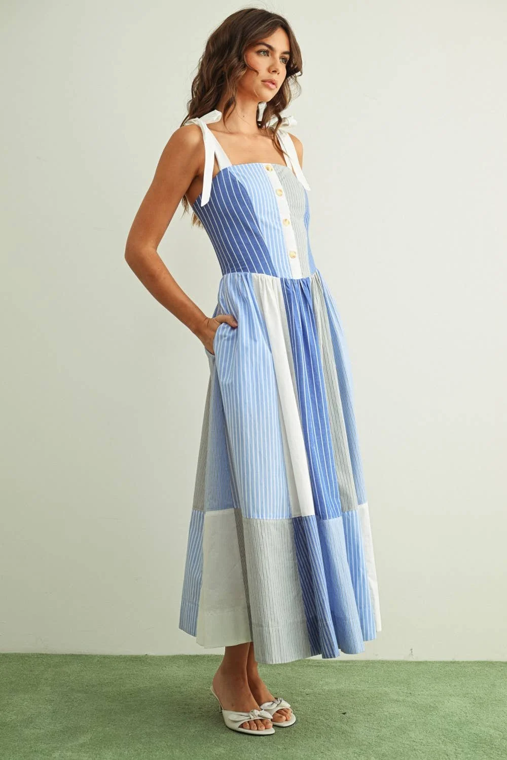 Printed Patchwork Midi Dress Blue Striped