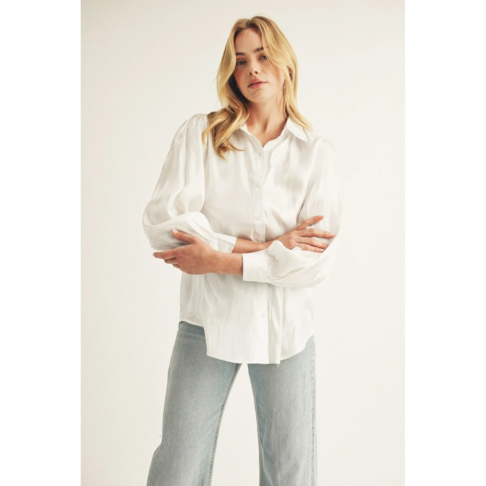Button Down Shimmer Blouse Pearl