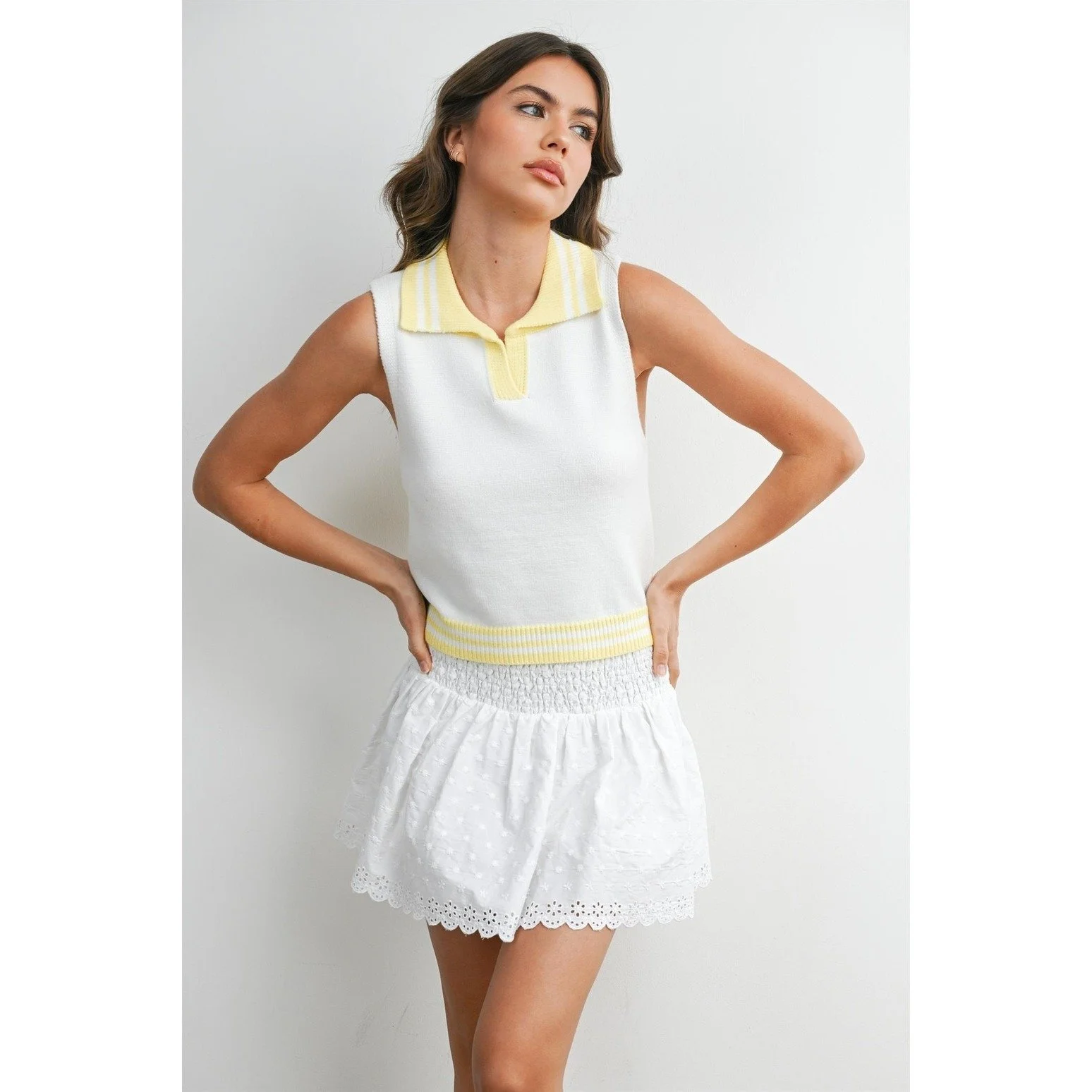 Collared Sweater Tank Ivory with Yellow