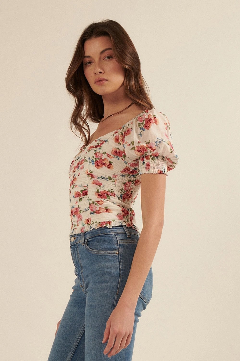 Sweetheart Ruched Blouse Cream Floral