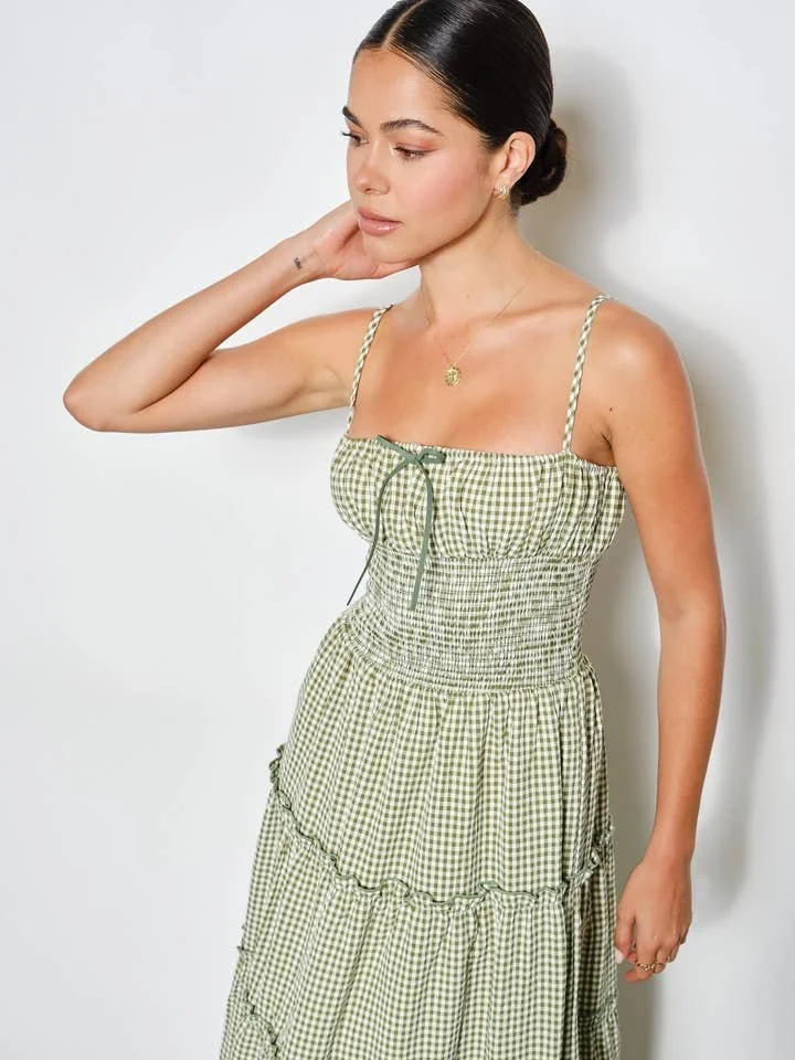 Carol Smocked Tiered Maxi Dress Olive Gingham