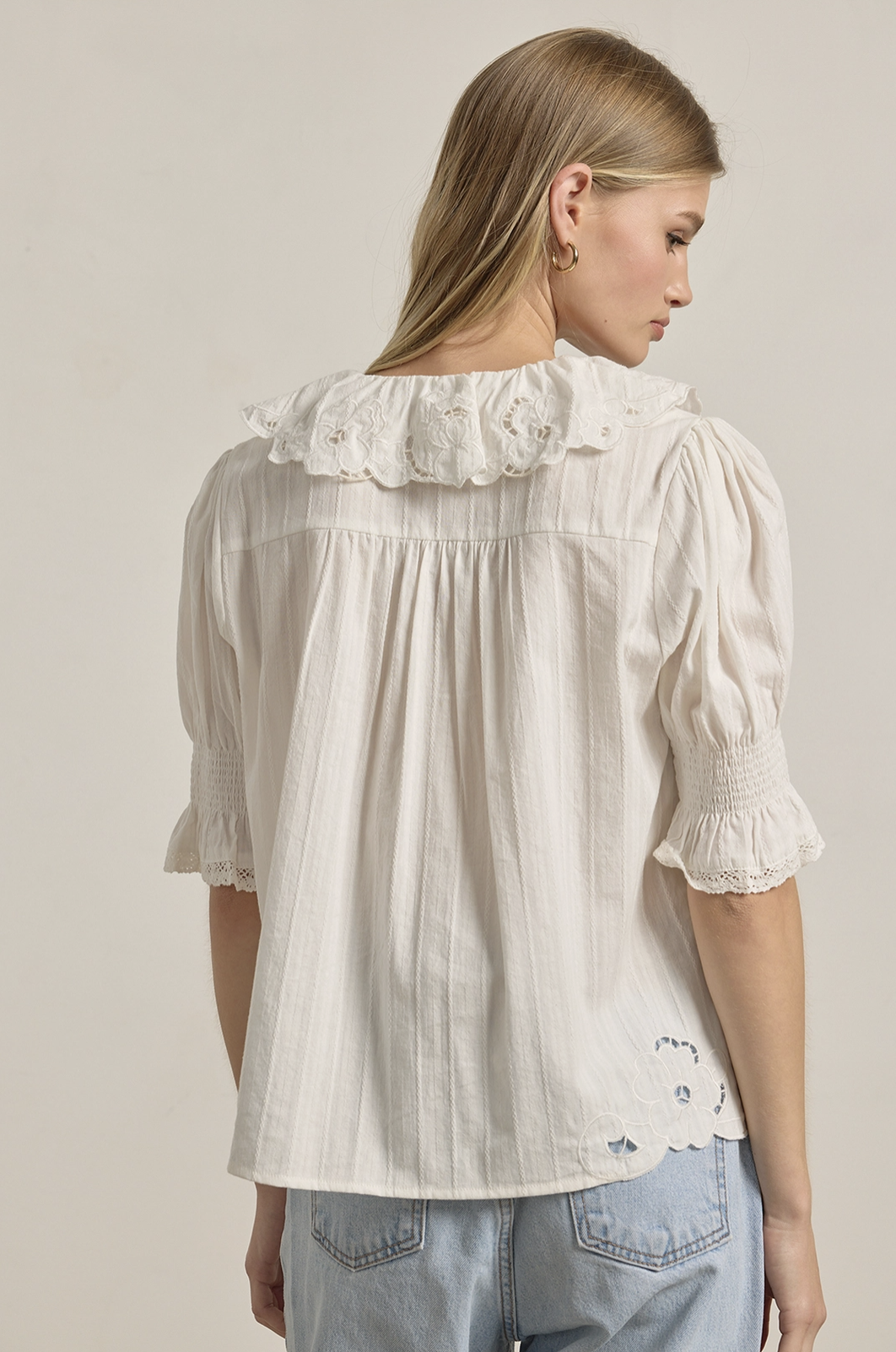 Embroidered Ruffle Collar Blouse - Ivory