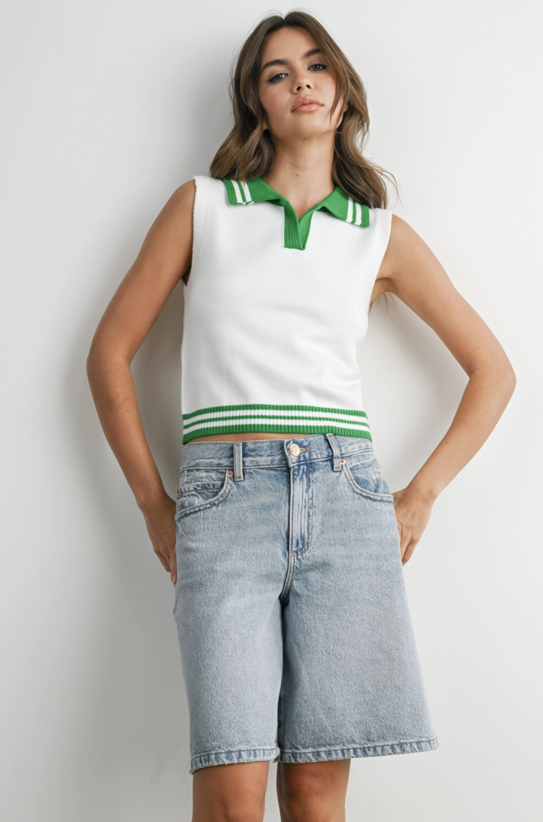 Collared Sleeveless Knit Polo Ivory & Green