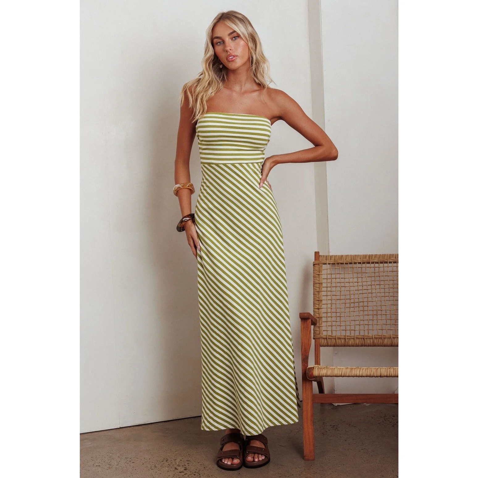 Strapless Striped Maxi Sundress Green Pea