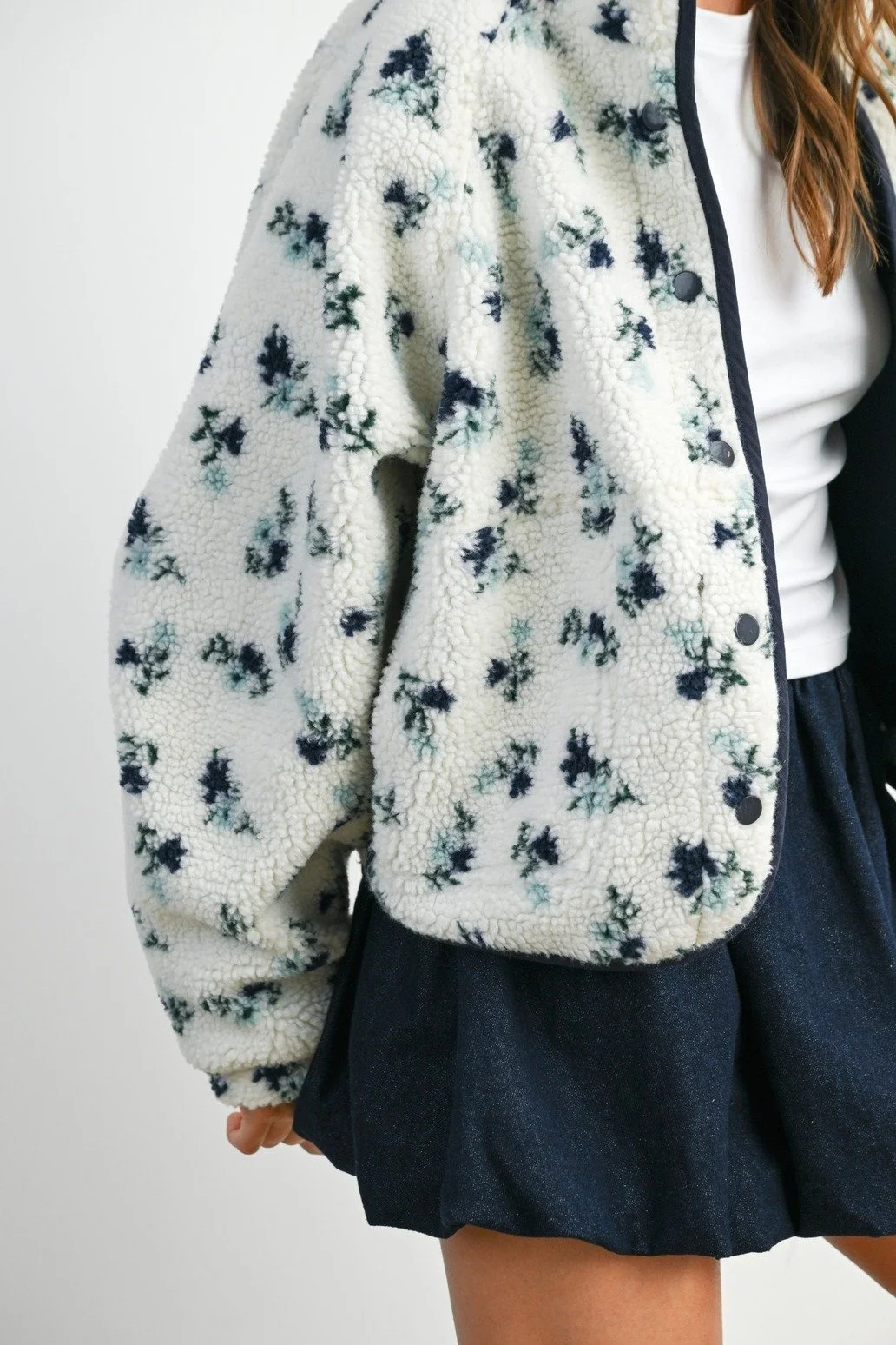 Floral Fleece Snap Button Jacket Ivory & Navy