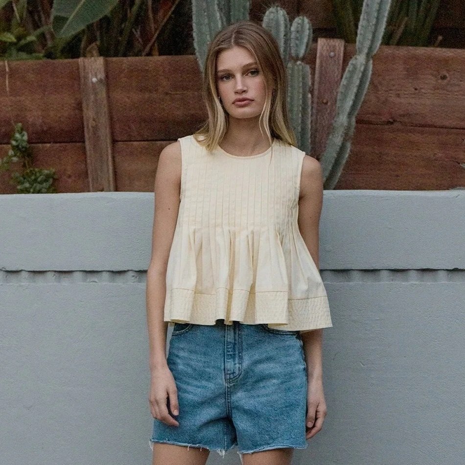 Pleated Flare Sleeveless Blouse Butter