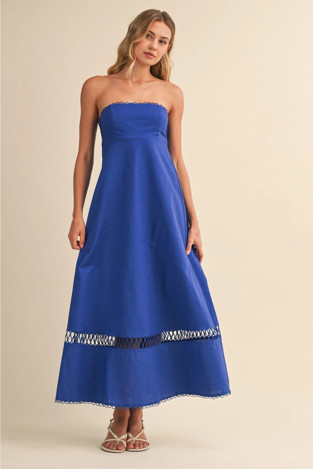 Rope Detail Strapless Linen Midi Dress Royal