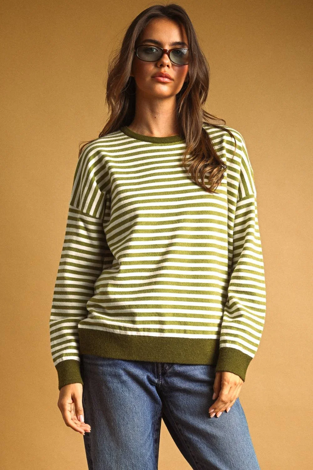 Contrast Trim Striped Sweater Sage & Ivory