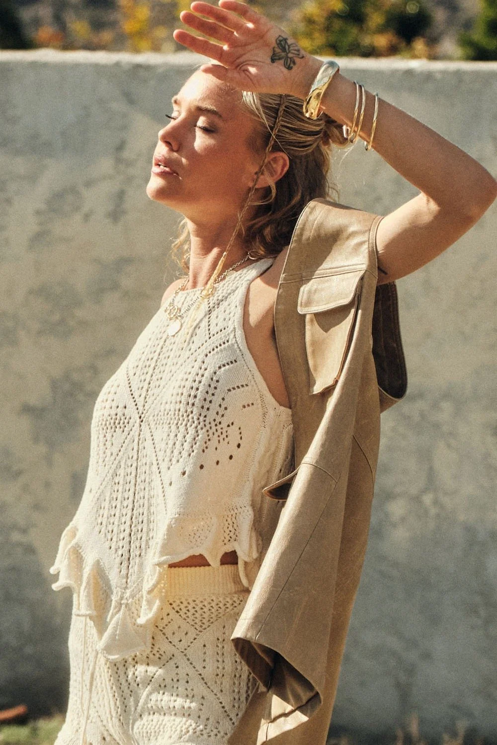 Pointelle Crochet Ruffled Handkerchief Top Cream