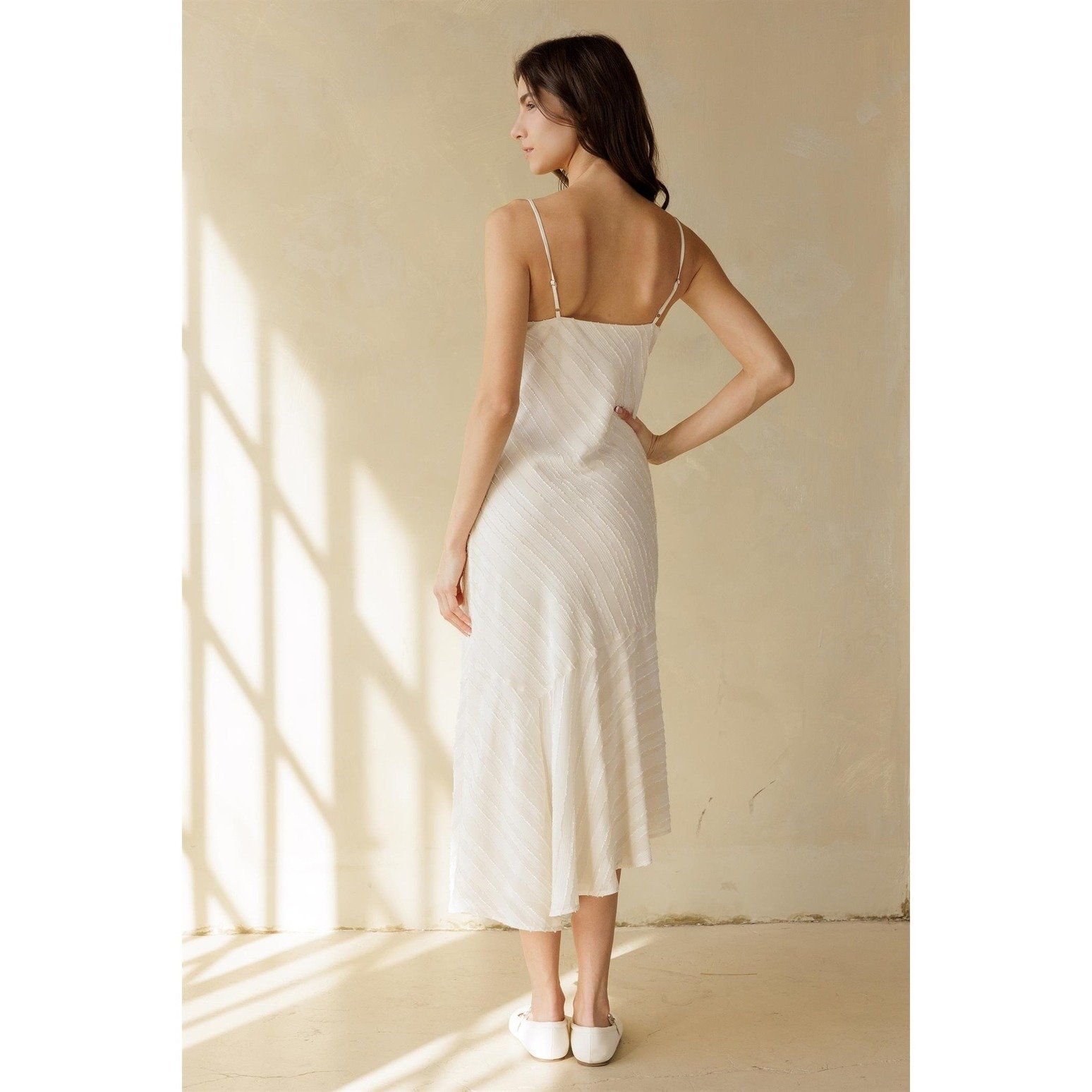 Asymmetric Ruffled Midi Slip Dress Cream