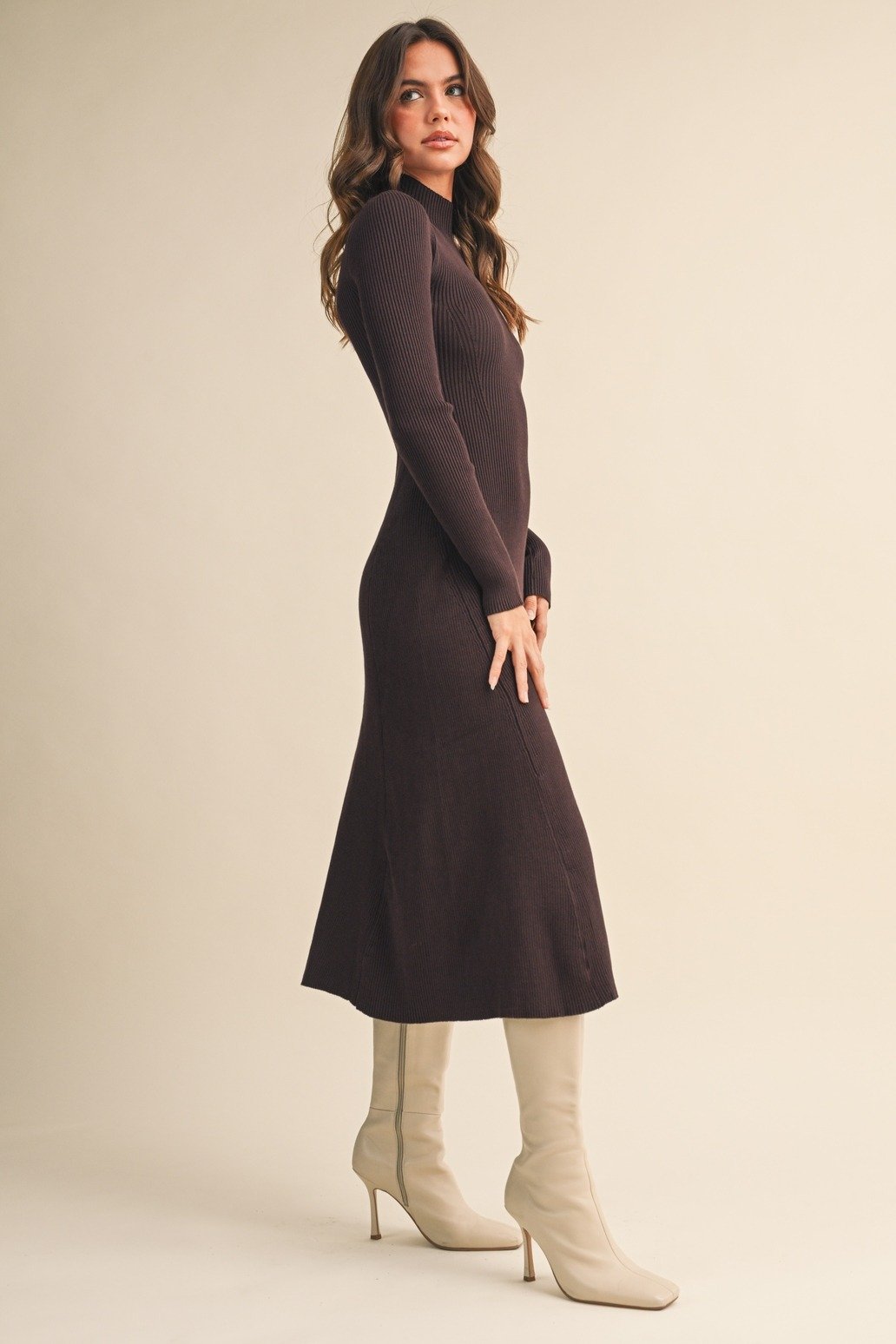 Mock Neck Ribbed Midi Dress Dark Chocolate