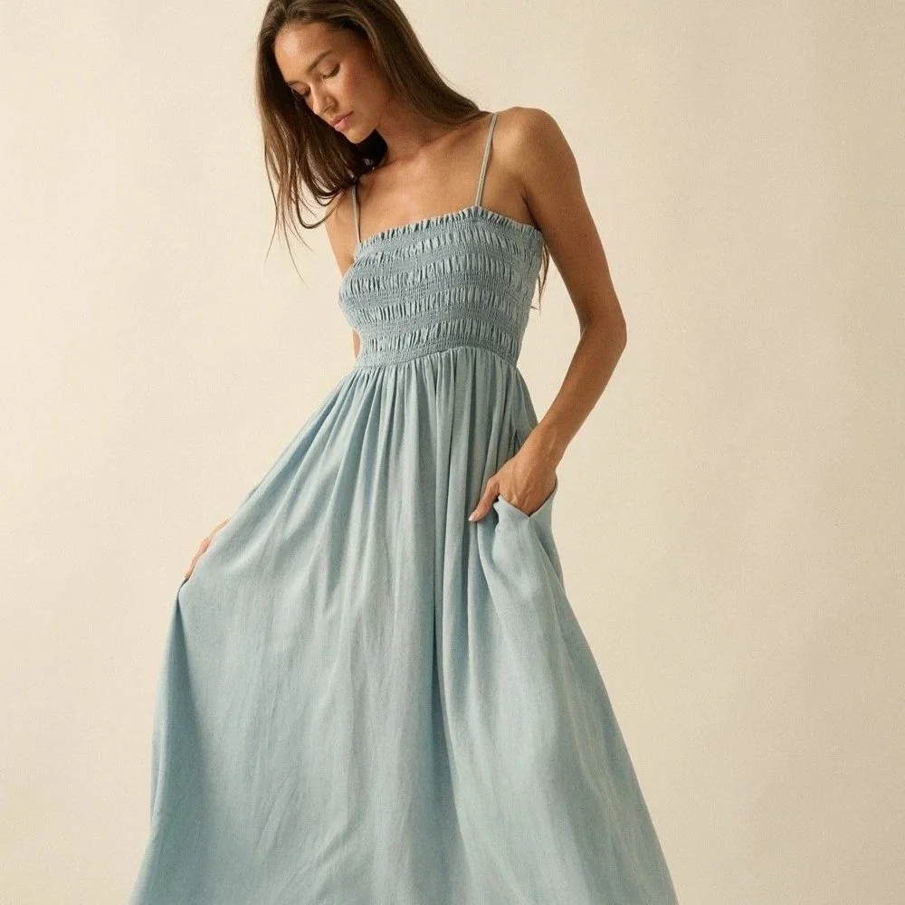 Smocked Midi Sundress Light Chambray