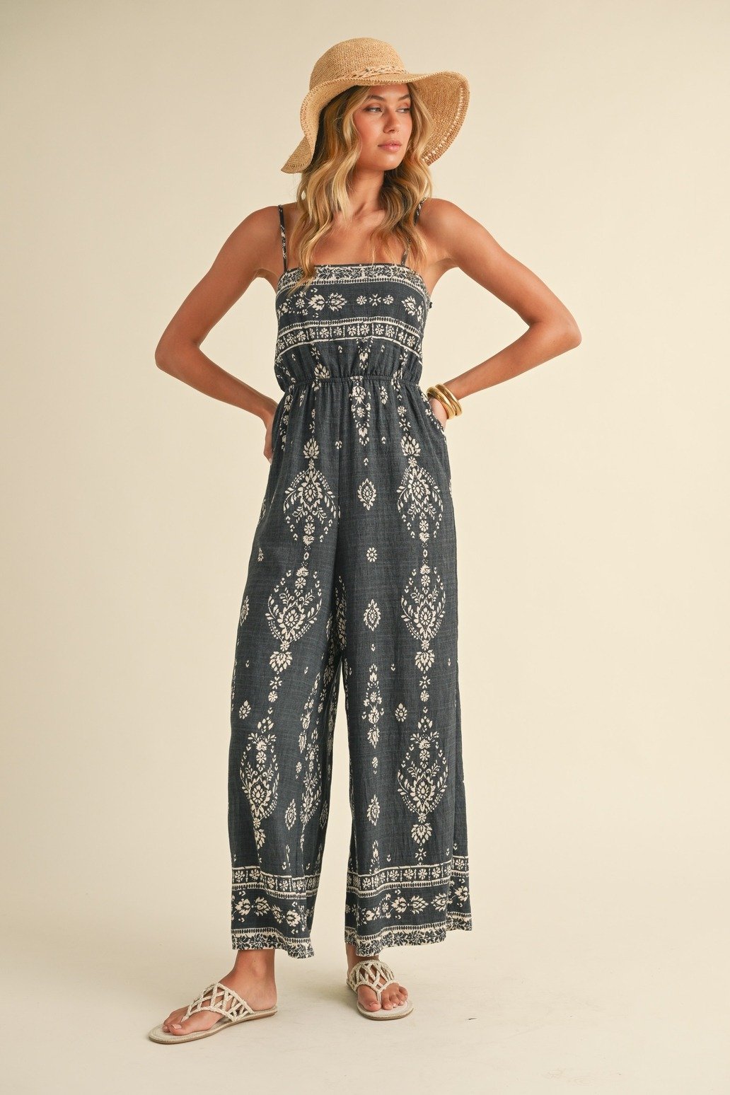 Bandana Print Wide Leg Jumpsuit Charcoal