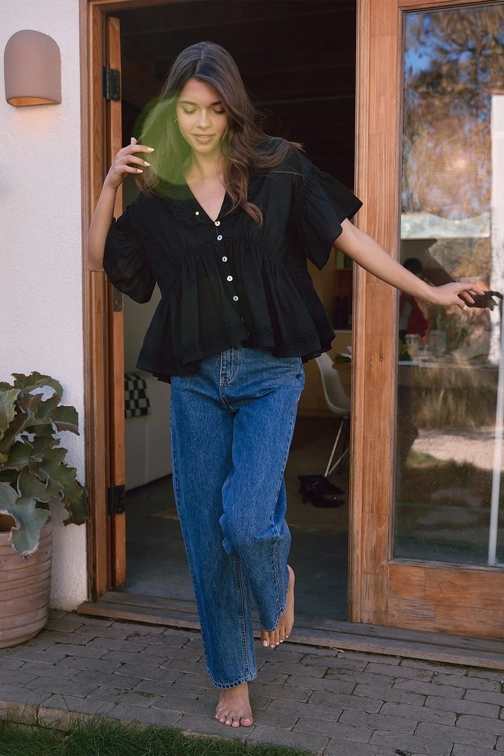 Eyelet Trim Ruffle Collar Blouse Black