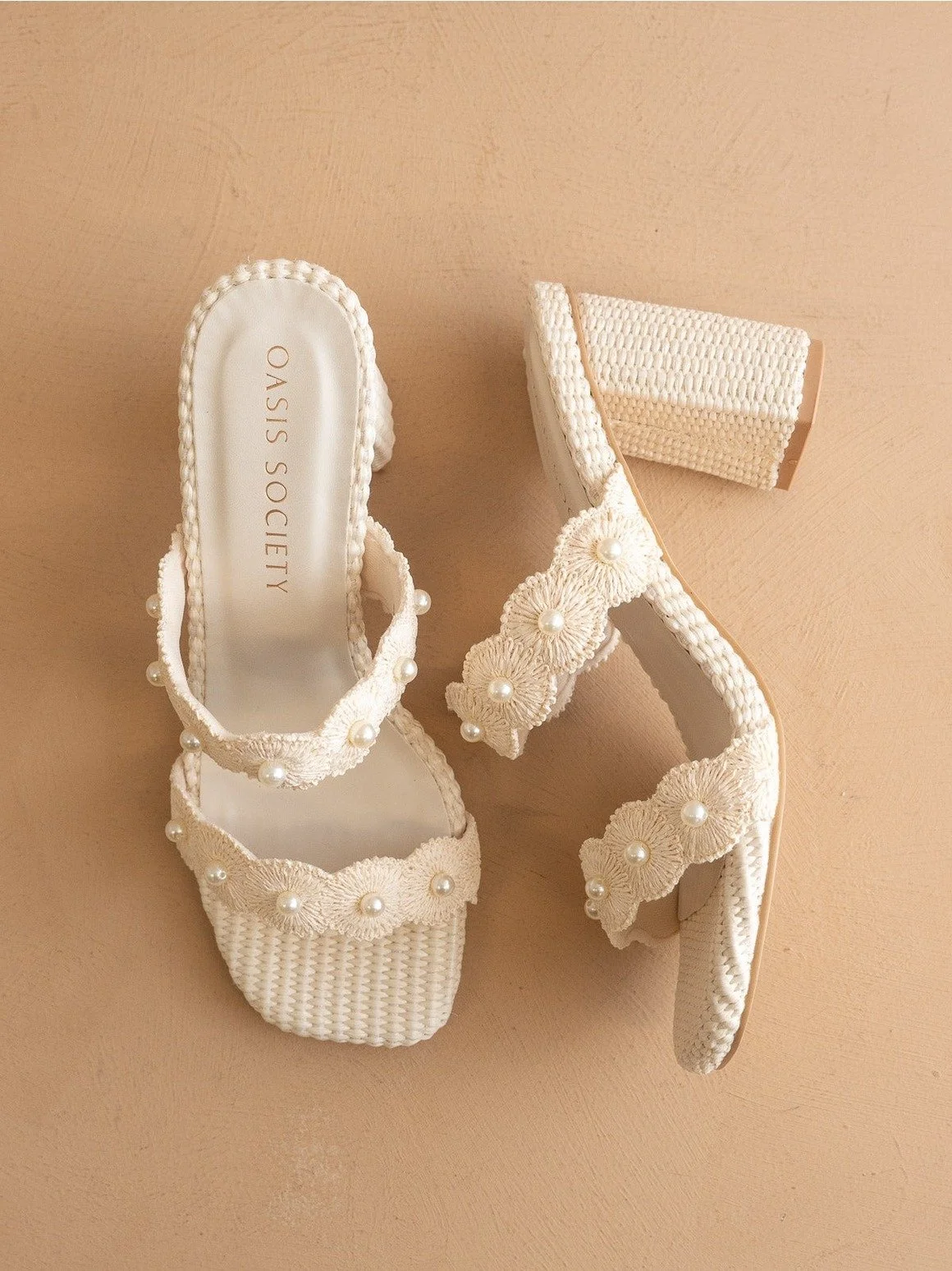 The Helena Raffia Block Heel Sandal with Pearls Ivory