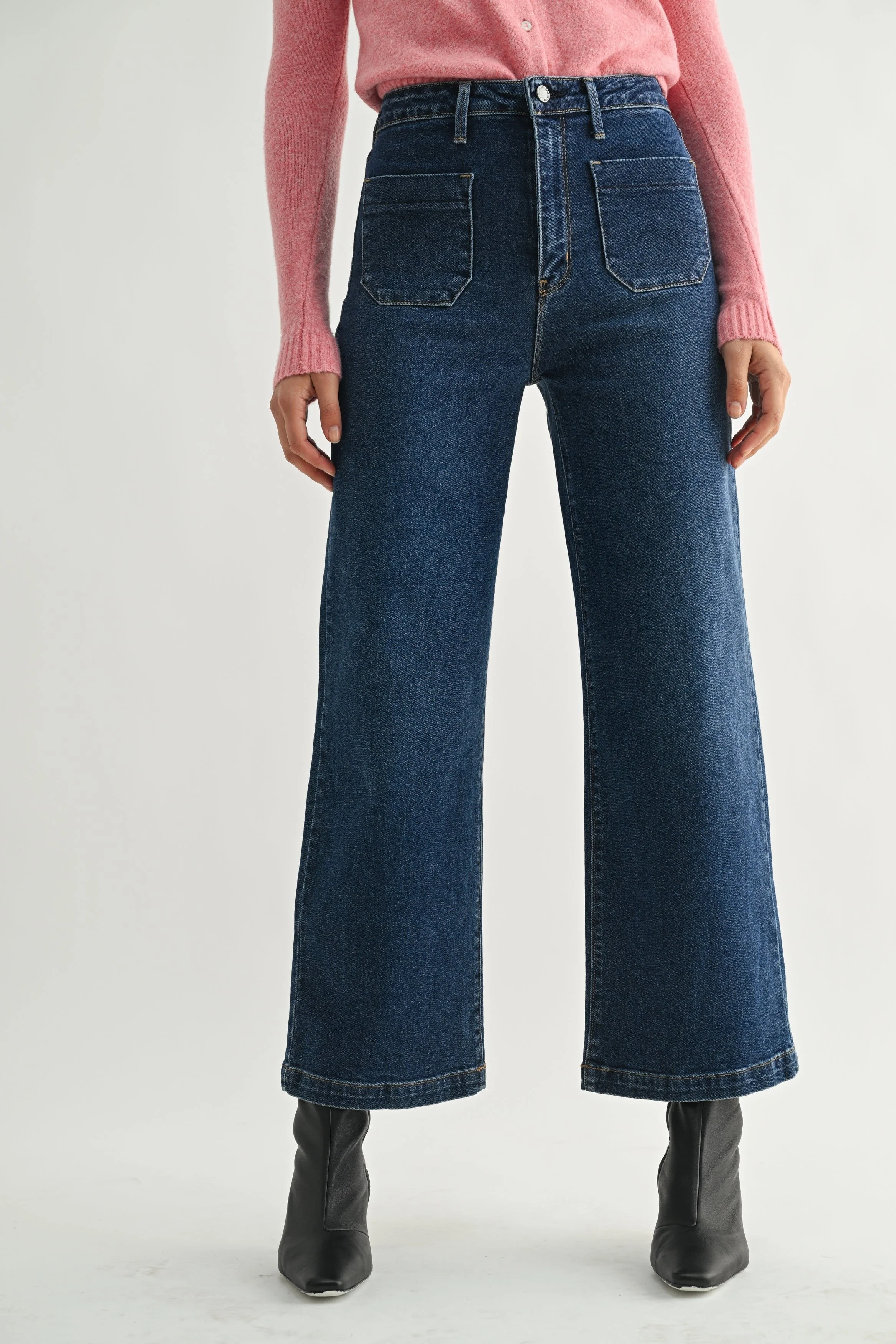 Patch Pocket Wide Leg Jeans Dark Denim