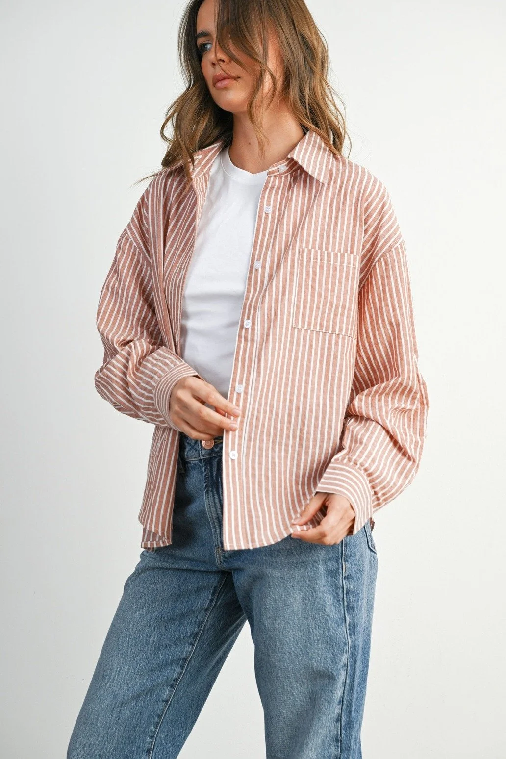 Collared Button Up Top Brick Stripe