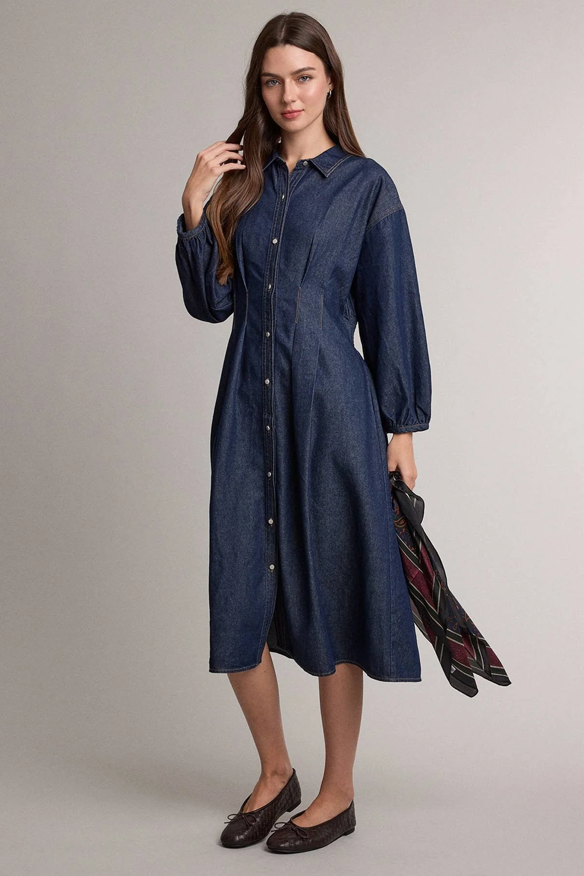 Pinch Waist Shirt Dress Dark Denim