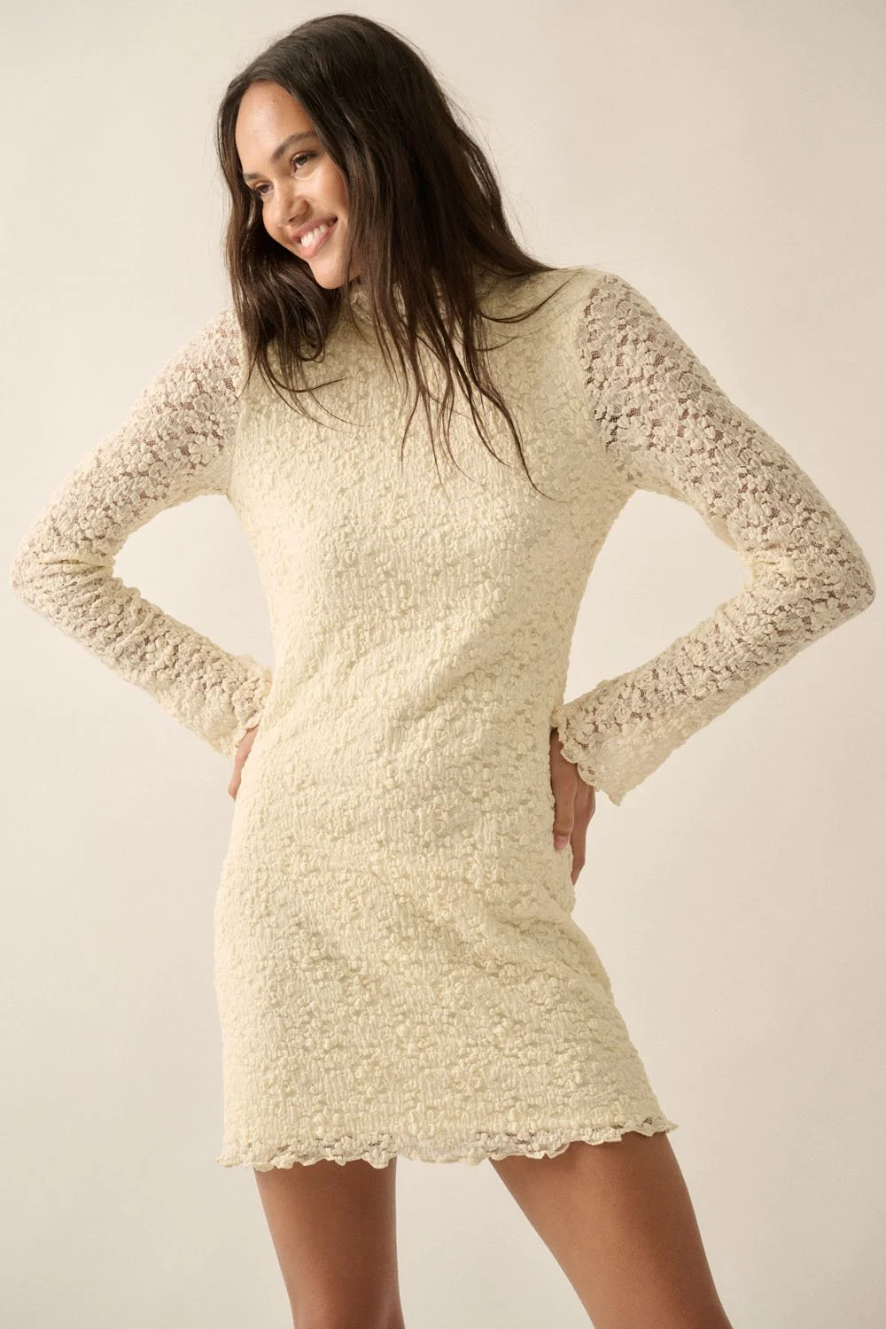 Floral Lace Mock Neck Mini Dress Cream  Byron & Barclay