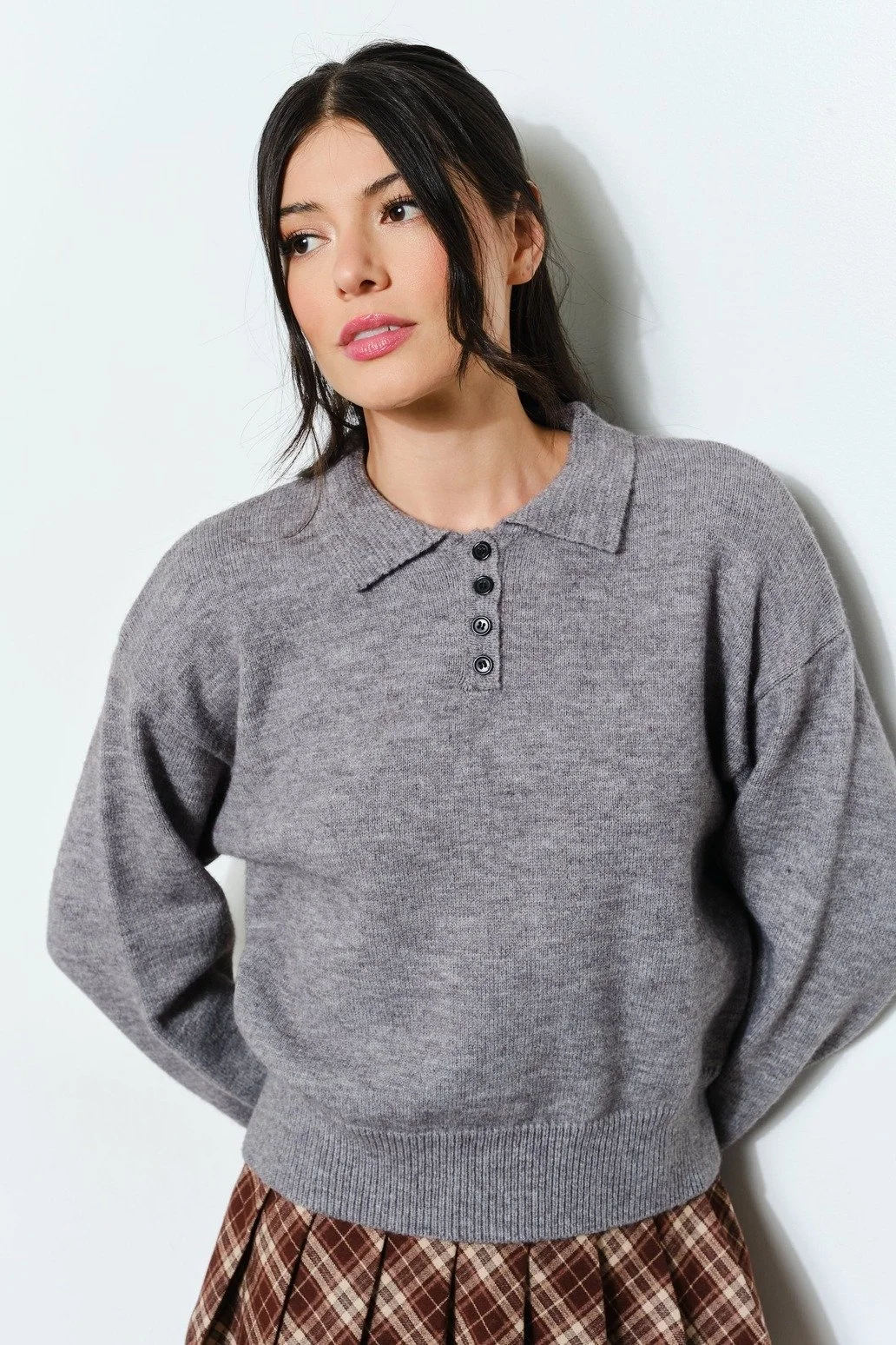 Knit Polo Sweater Heather Grey