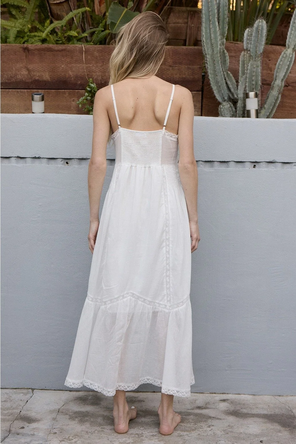 Lace Trim Button Down Maxi Dress White