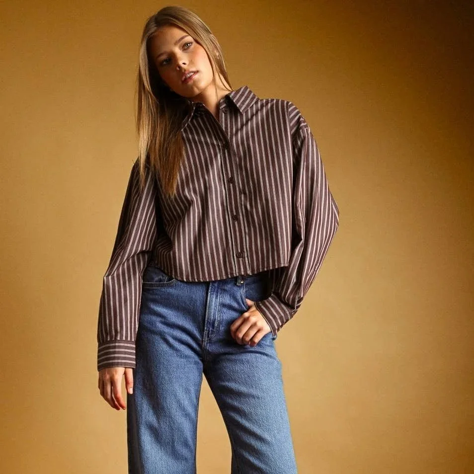Striped Cropped Poplin Button Down Chocolate