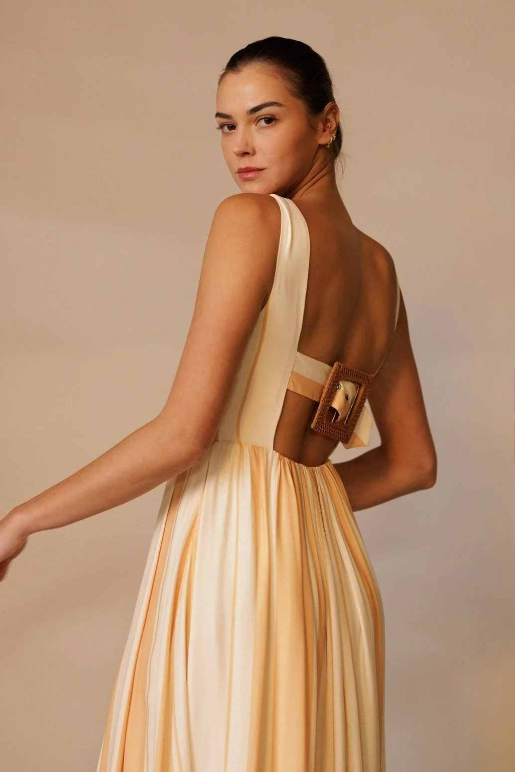 Button Down Back Buckle Dress Peach Stripe  Byron & Barclay