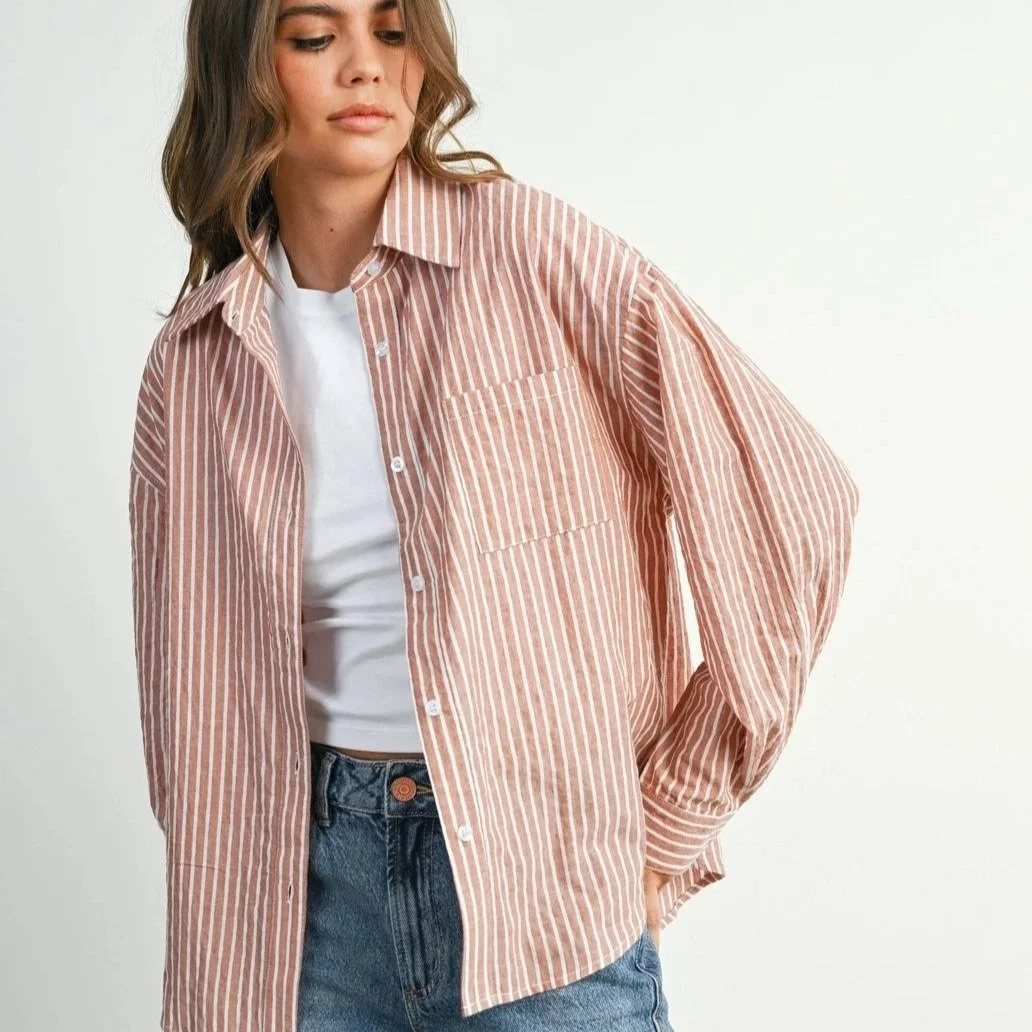 Collared Button Up Top Brick Stripe