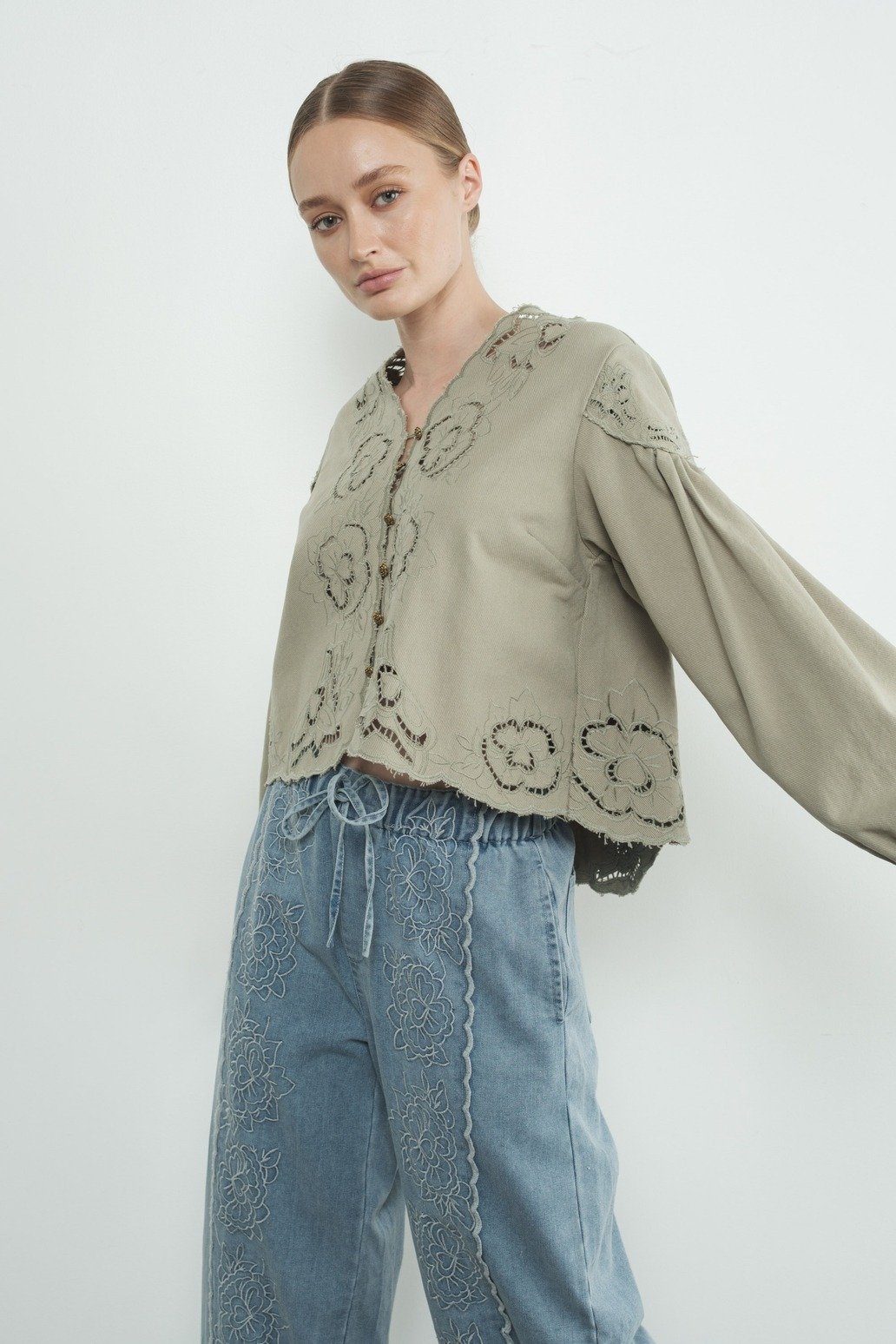 Embroidered Flower V-neck Button Blouse Olive
