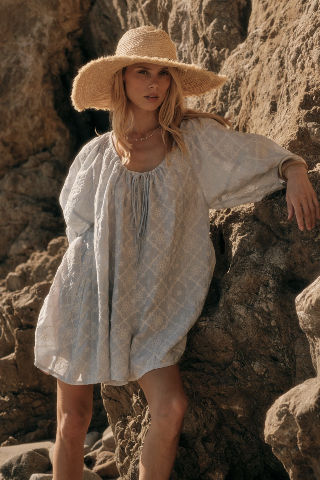 Floral Embroidered Puff Sleeve Babydoll Romper Light Chambray