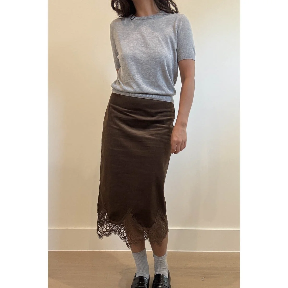 Lace Trimmed Corduroy Midi Skirt Chocolate