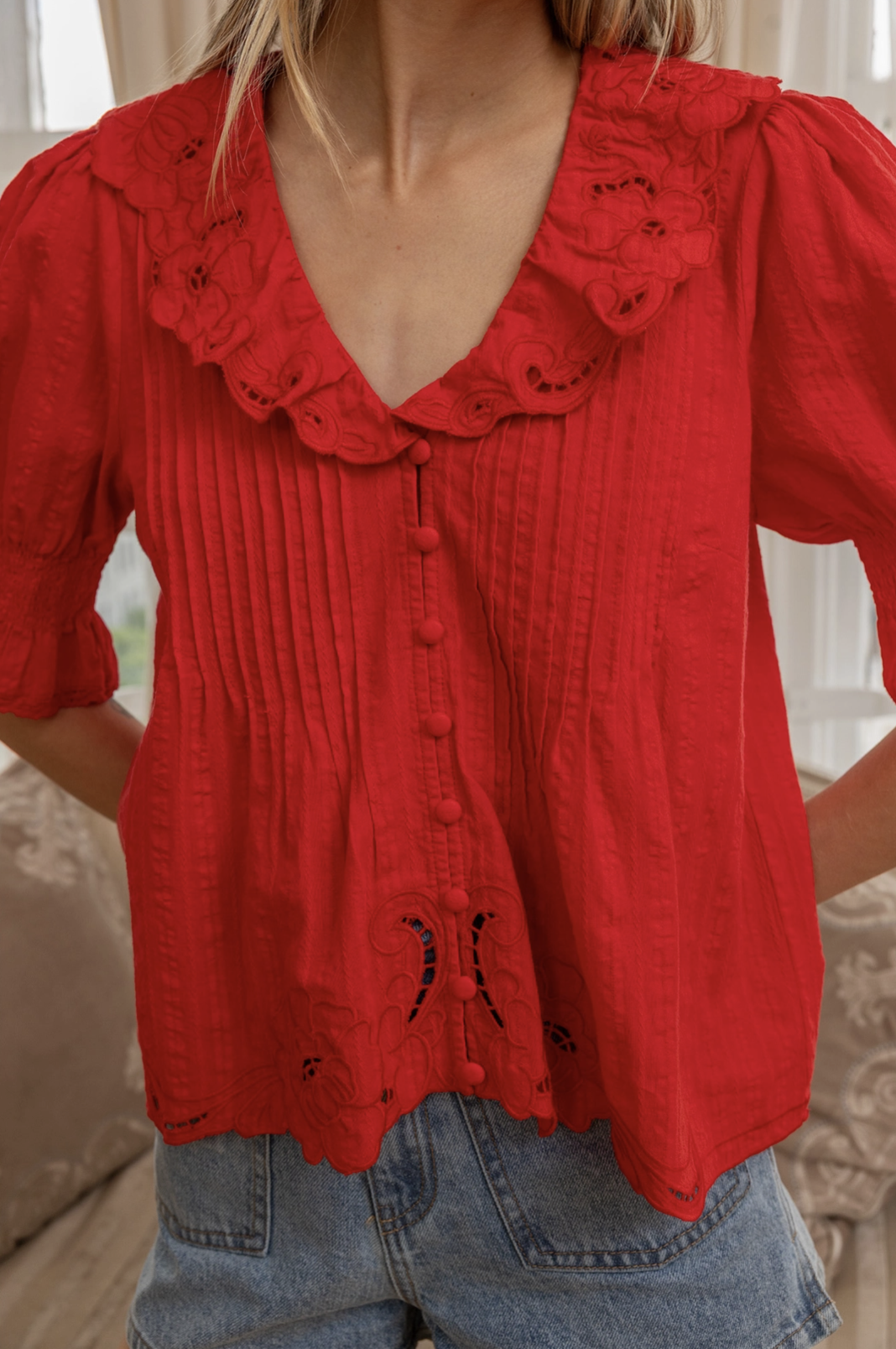 Embroidered Ruffle Collar Blouse Red
