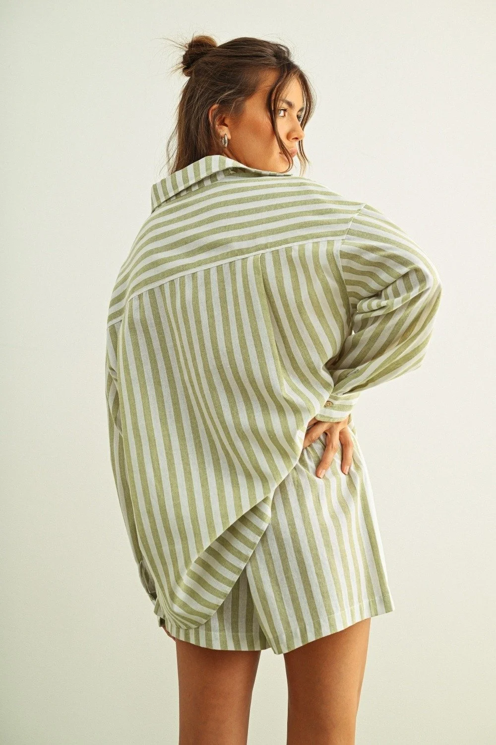 Linen Collared Button Down Sage & White Stripe