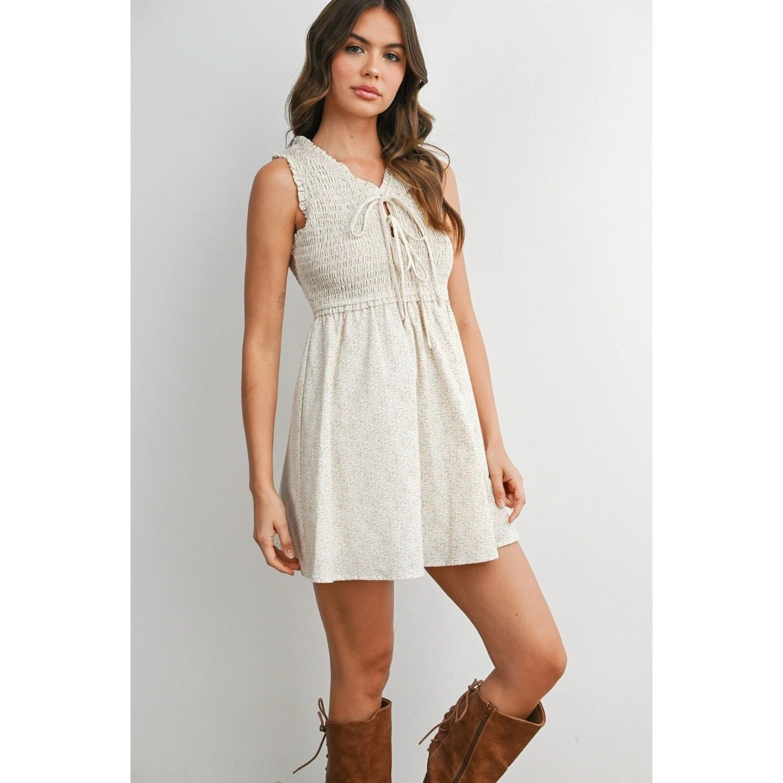 Smocked Tie Front Mini Dress Blush Floral