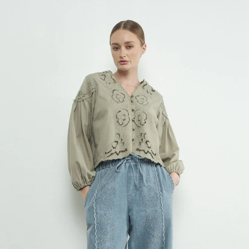 Embroidered Flower V-neck Button Blouse Olive
