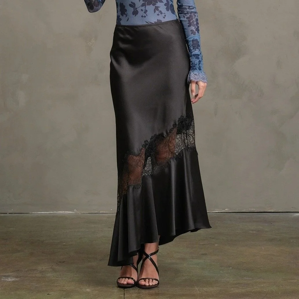 Lace Panel Satin Midi Skirt Black
