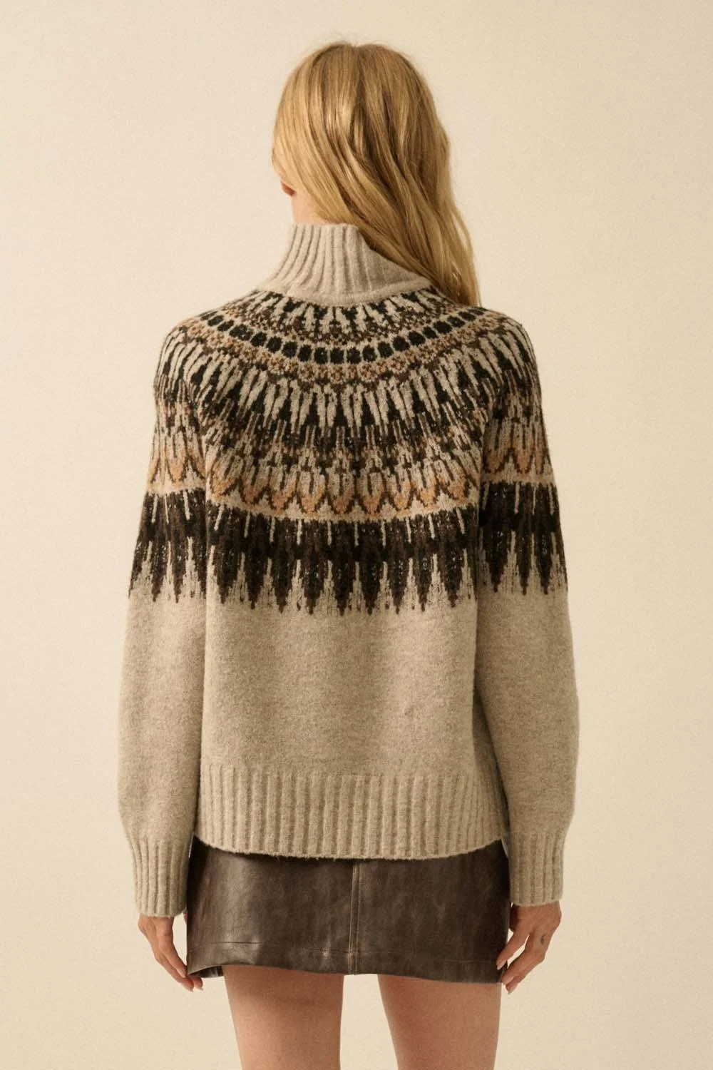 Mock Neck Fair Isle Knit Sweater Oatmeal