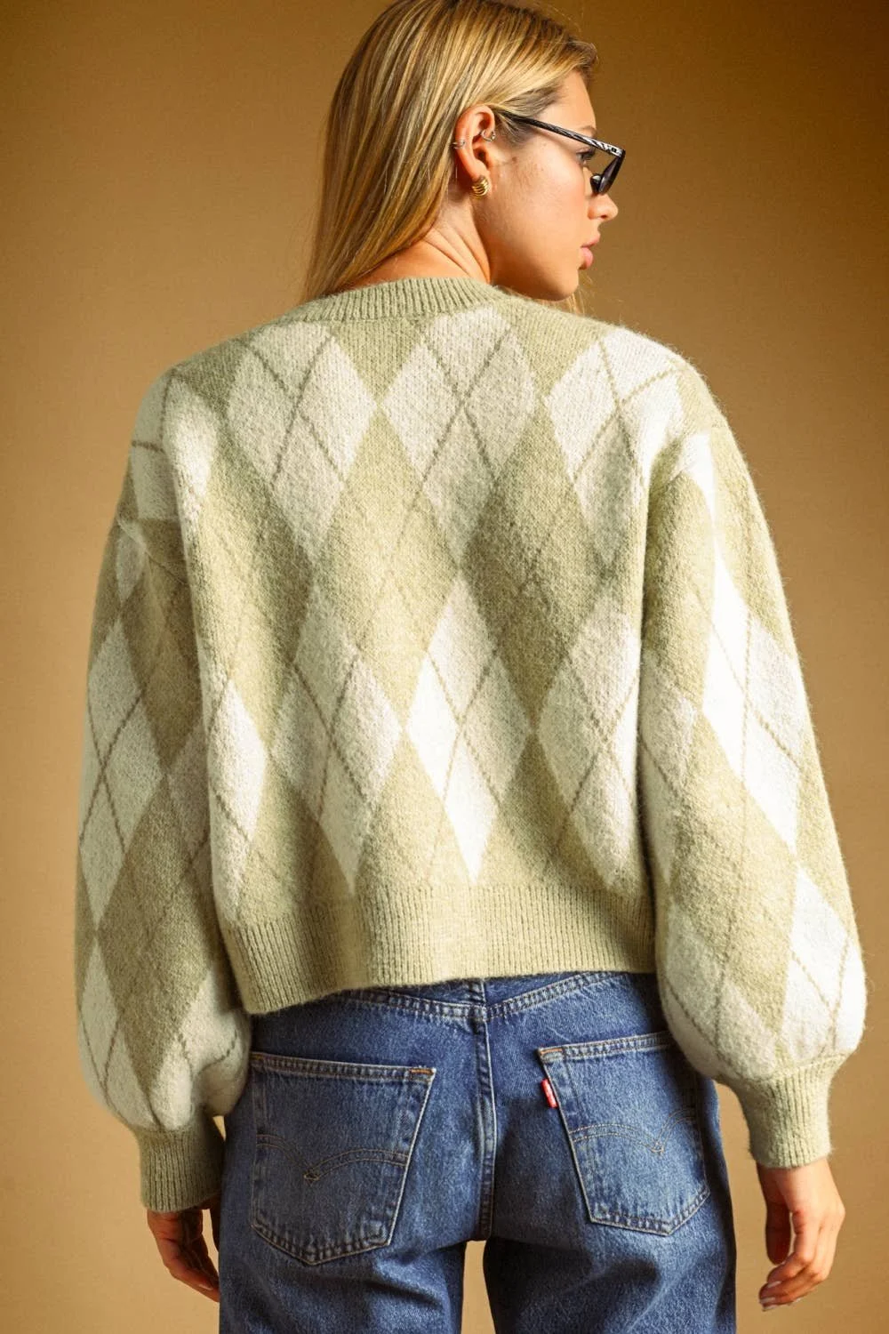Argyle Button Front Cardigan Matcha