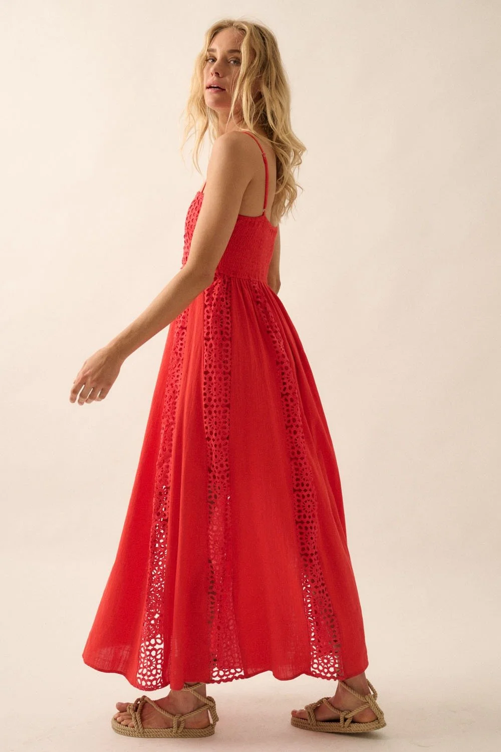 Crochet & Crepe Paneled Midi Dress Coral Red