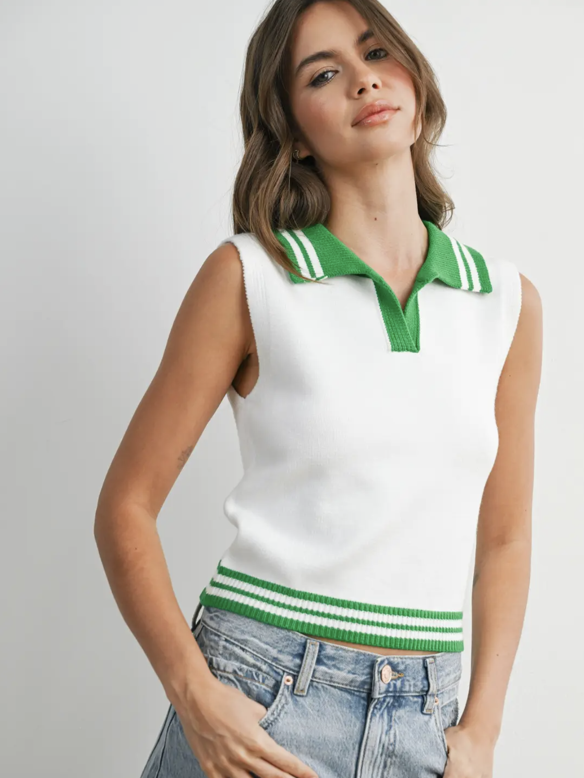 Collared Sleeveless Knit Polo Ivory & Green