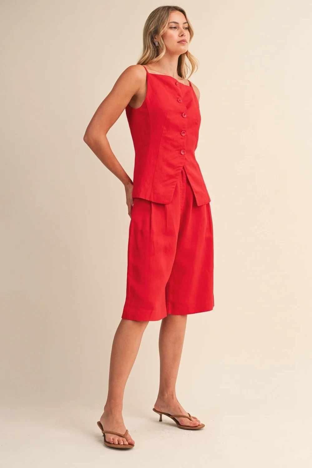 Linen Button Vest & Culotte Shorts Set Red