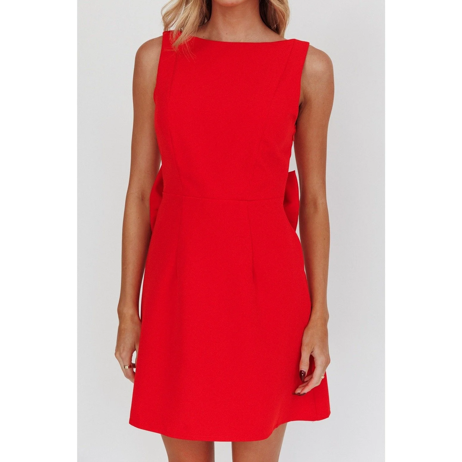 Boatneck Low Back Bow Mini Dress Red