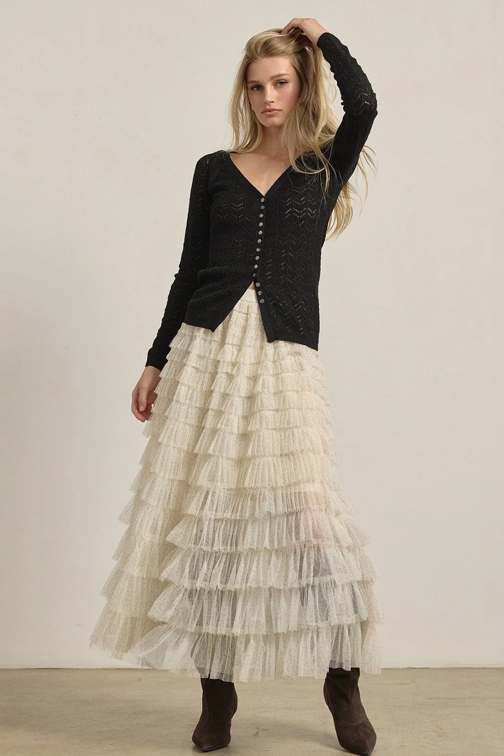 Layered Tulle Maxi Skirt Cream Polka Dot