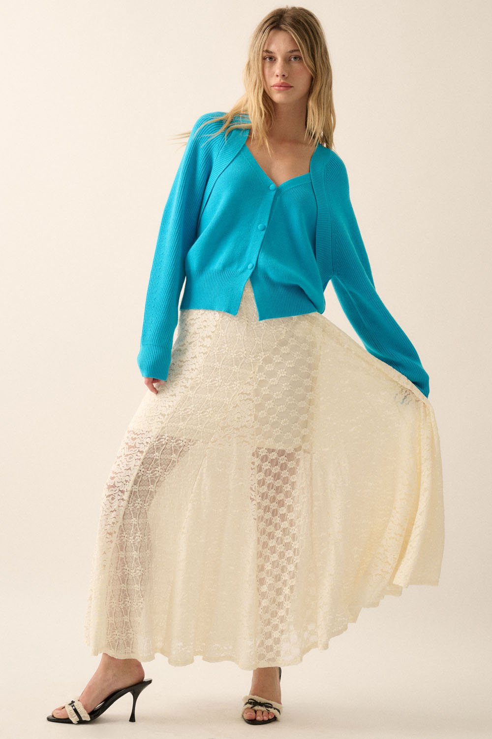 Floral Lace Panel Maxi Skirt Cream