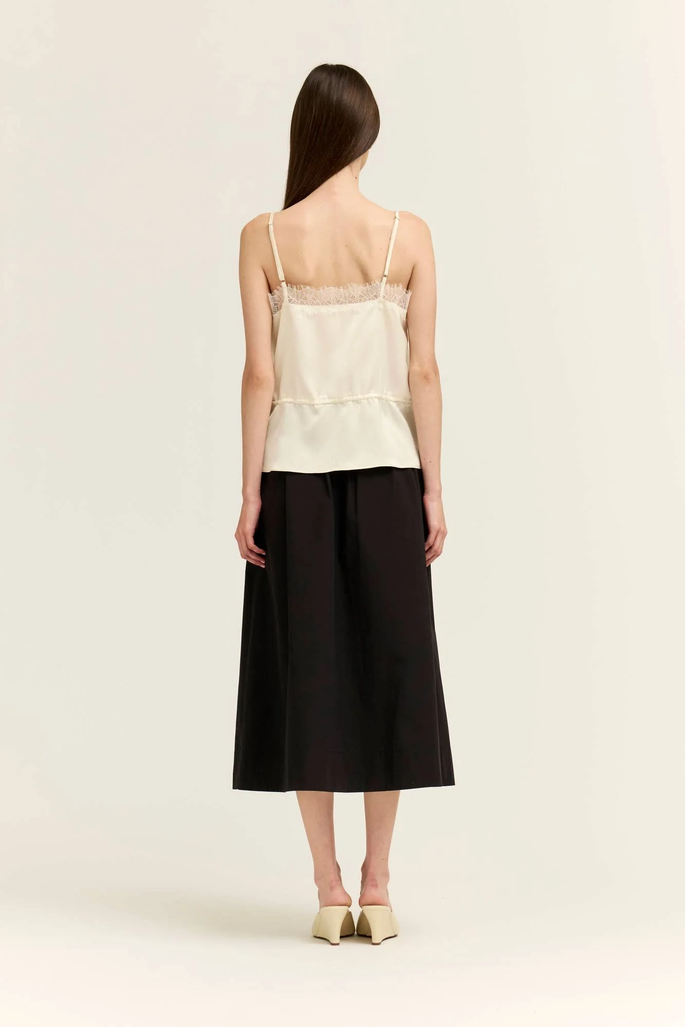 Crinkle Satin & Lace Slip Top Cream